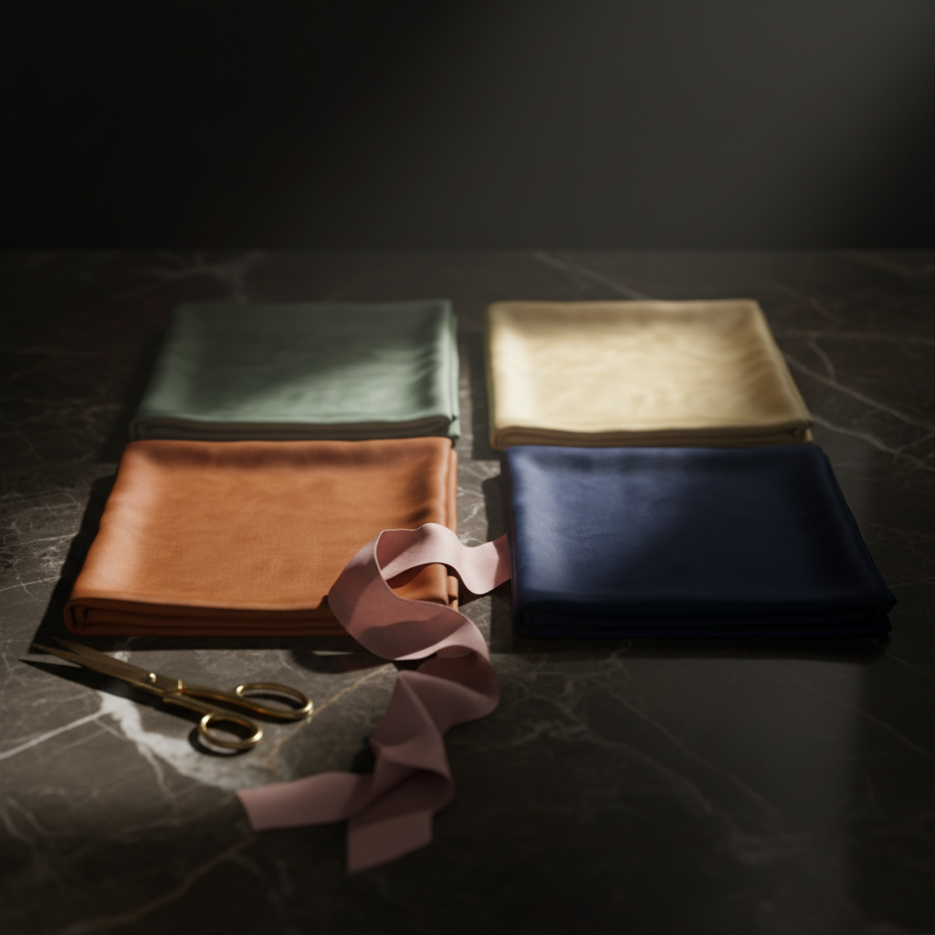 Cinematic overhead of four folded silk fabric squares on dark marble in spring sage-green, summer soft yellow, autumn burnt orange, winter deep navy — with a mauve-pink ribbon draped across and brass scissors beside — representing the four-season fashion SEO calendar