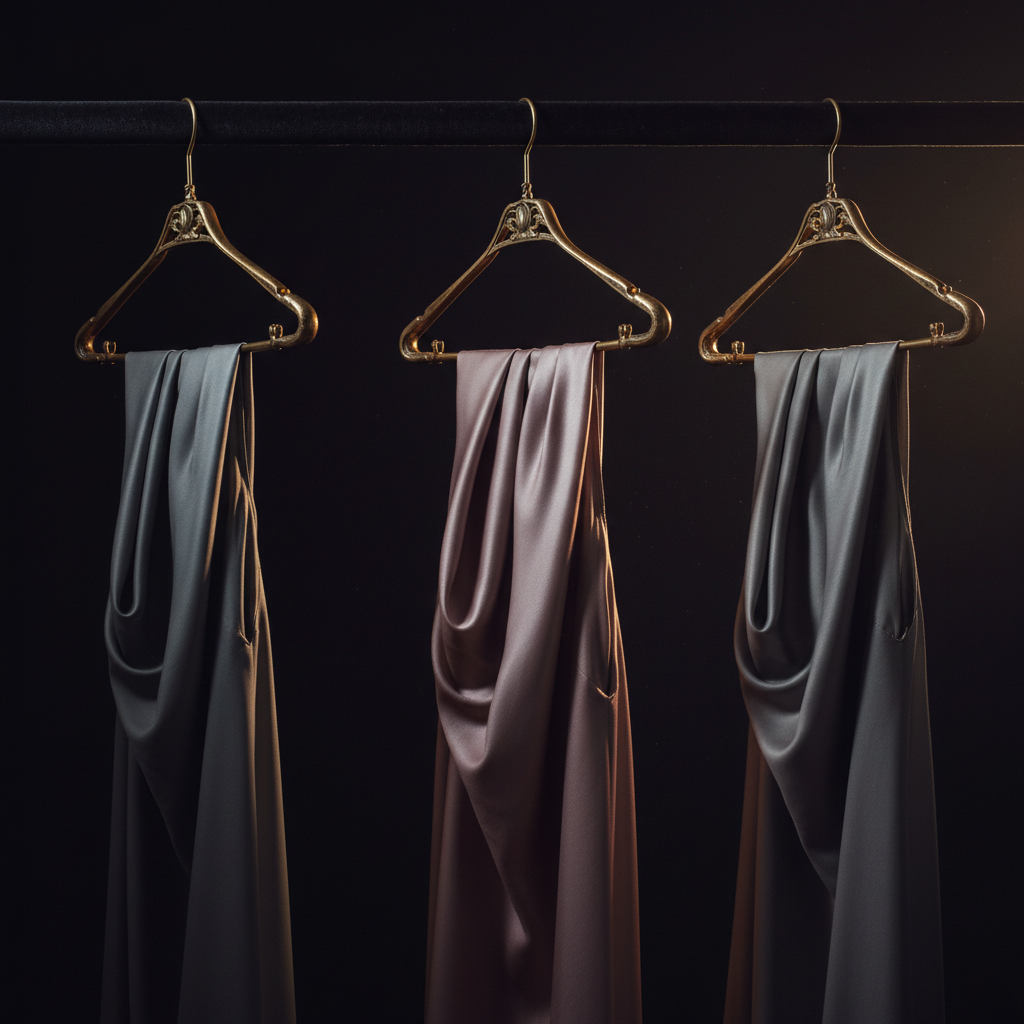 Cinematic three brass hangers on a dark velvet wardrobe rail, two with dim grey silk garments and the center one with flowing mauve-pink silk catching warm side light, dust motes in the air — representing the standout fashion ecommerce SEO approach