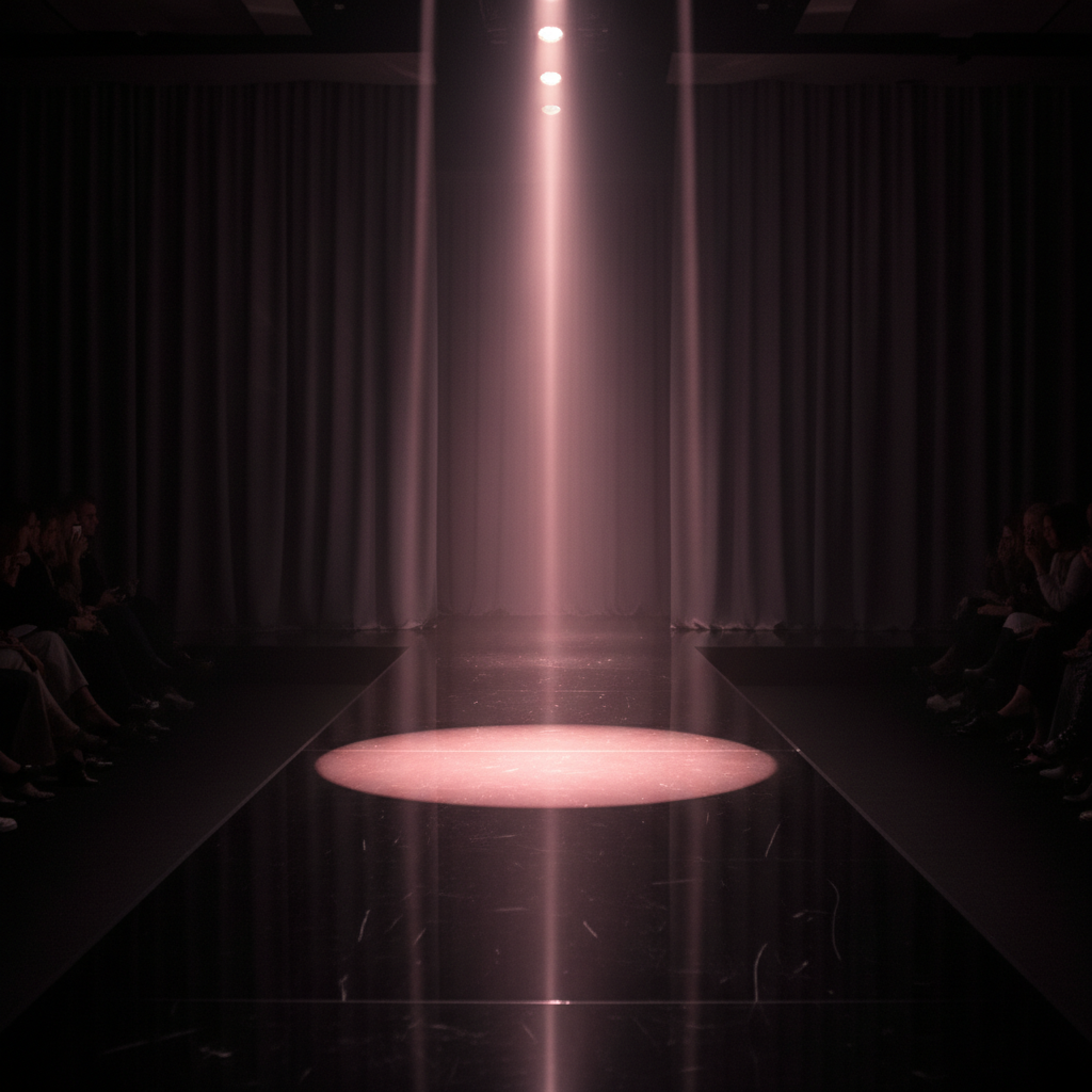 Cinematic hero of an empty fashion-show runway viewed from the audience, glossy black runway receding into darkness with curtain folds at the far end and a single dramatic mauve-pink spotlight casting a circular pool of soft pink light on the center — representing the definitive fashion SEO guide